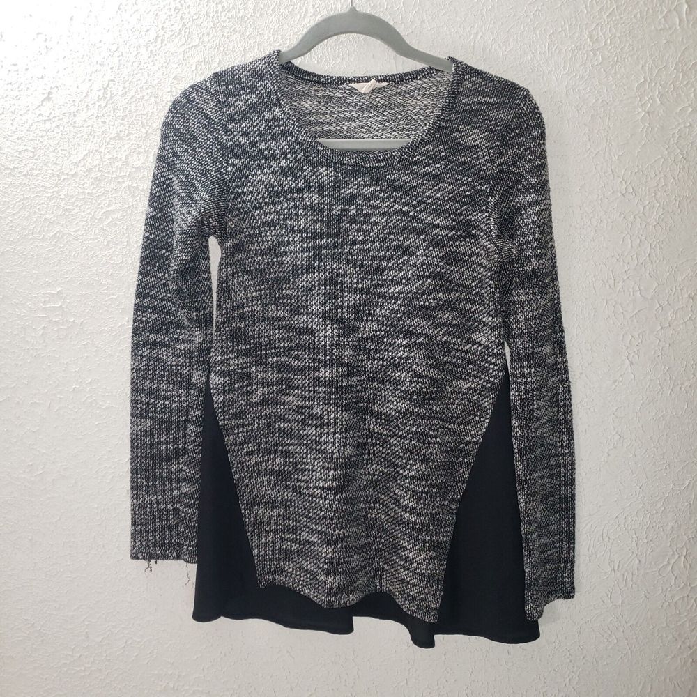 Lucky Brand Mixed Media Knit Silky Blouse Top Long Sleeve Shirt Gray Black Sz S